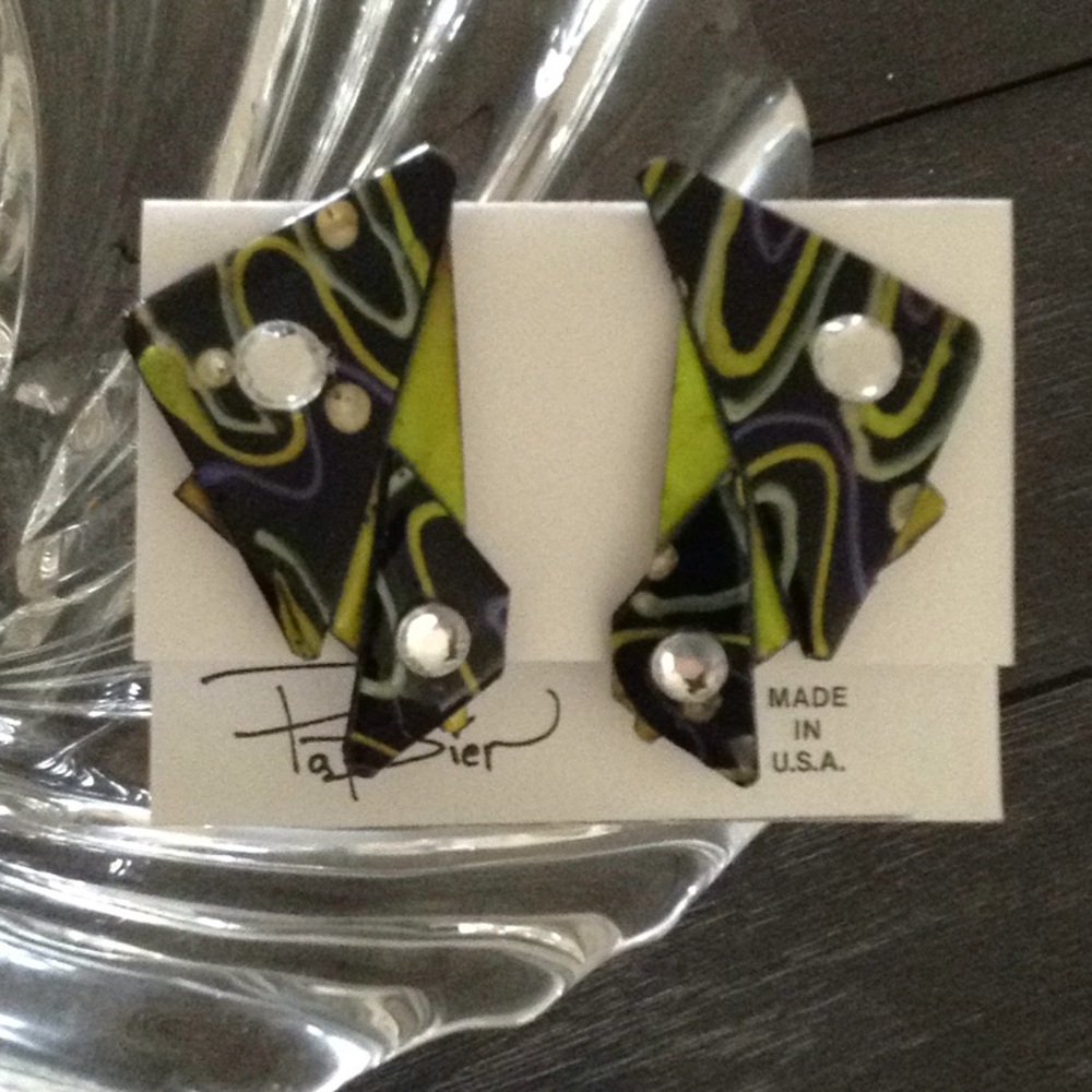 Neon Swirls art retro handmade lime green earrings